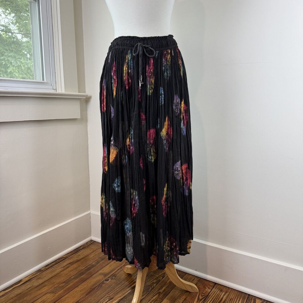 Boho Crinkle Gauze Skirt | Black Tie Dye Drawstring Festival Lagenlook Maxi